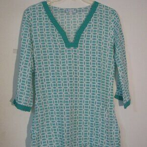 Sealife Blouse Small Green White 3/4 Sleeves Lightweight